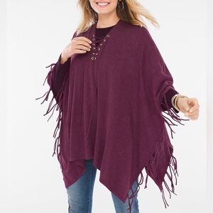 Chico’s Lace-Up Fringe Poncho In Monrovia burgundy one size